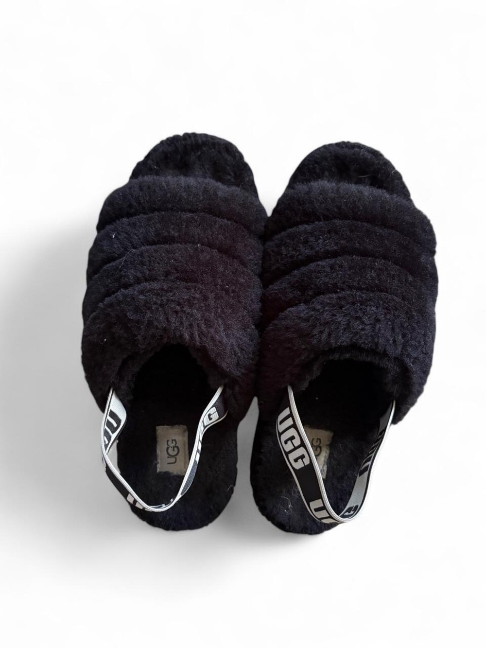 UGG Black Plush Slide Sandals with Branded Heel Strap